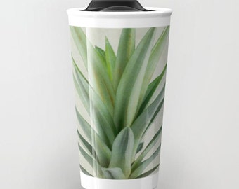 Ceramic Travel Mug With Lid | Pineapple Print Travel Mug | Tea Mug | Stainless Steel Mug For Travel | Unique Hostess Gift | Tropical Art