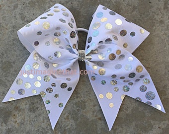 Texas Sized 3" x 7 x 7 White Cheer Bow Glitzy Hologram Disco Dot Siver Big Bow