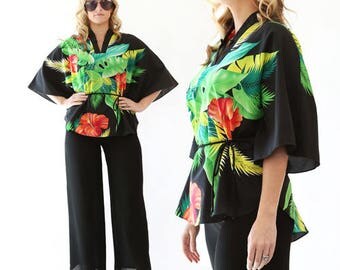 Vintage 80s Tropical Hawaiian floral Hibiscus batwing dress shirt TOP blouse S