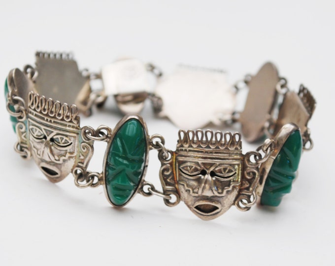 Sterling face link bracelet - Carved Green Onyx - Silver Tribal Mask - Signed Mexico BGM