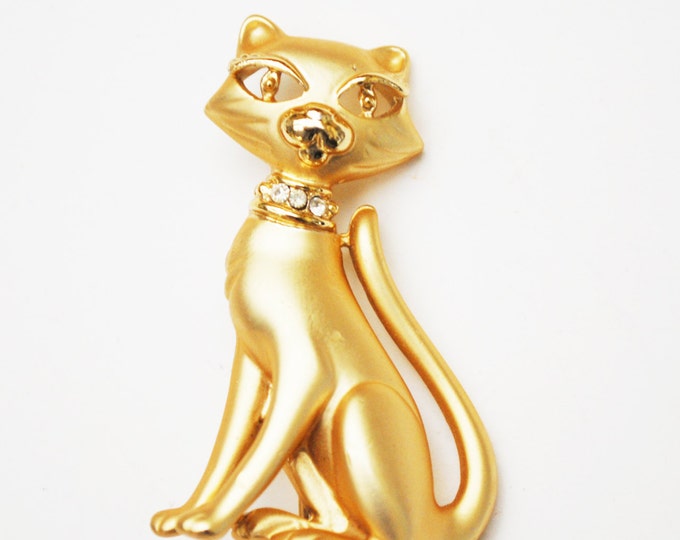 Cat Brooch - yellow gold - Rhinestone collar - signed AJC - Feline cat- figurine pin