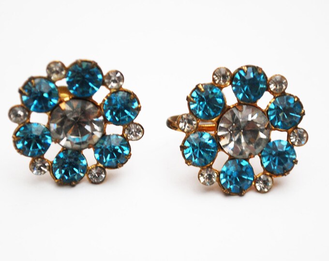 Rhinestone Coro Earrings - Blue Flower - mid century - screw back Earring - Gold plated metal