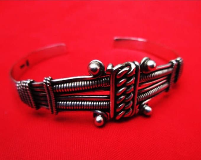 Sterling Cuff Bracelet - Silver Twisted knotted Studded - Tribal India - Bangle