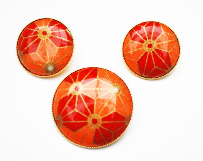 Orange Brooch pendant Earring Set - Red gold - Mod modern - pierced earrings - Geometric Flower Floral - Round - Vintage jewelry