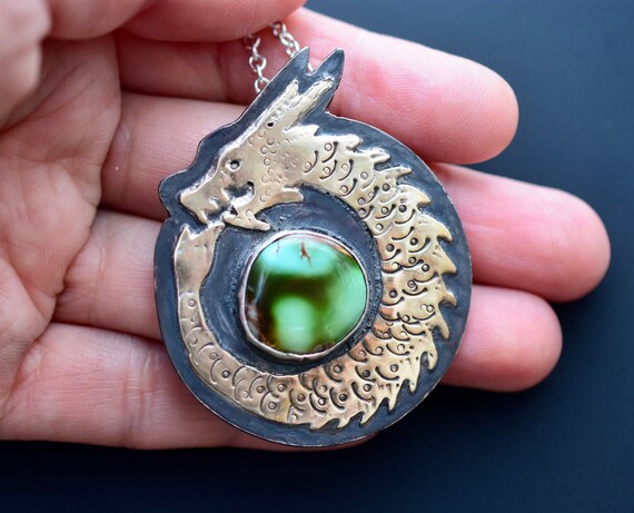 Items similar to Golden Dragon with Royston Turquoise Silver Pendant ...