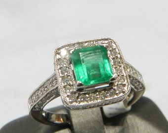 Emerald Ring 14K White Gold Emerald Ring Colombian Emerald Ring Unique Engagement Ring Diamond Emerald May Birthstone Antique