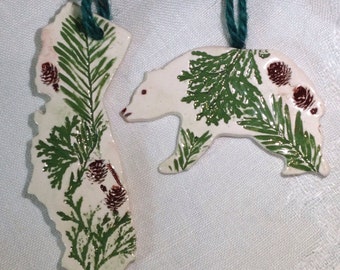 California Botanical Ornament, Grizzly Bear Ornaments, Ceramic California State Ornament, Ceramic California Coast, California Botanicals