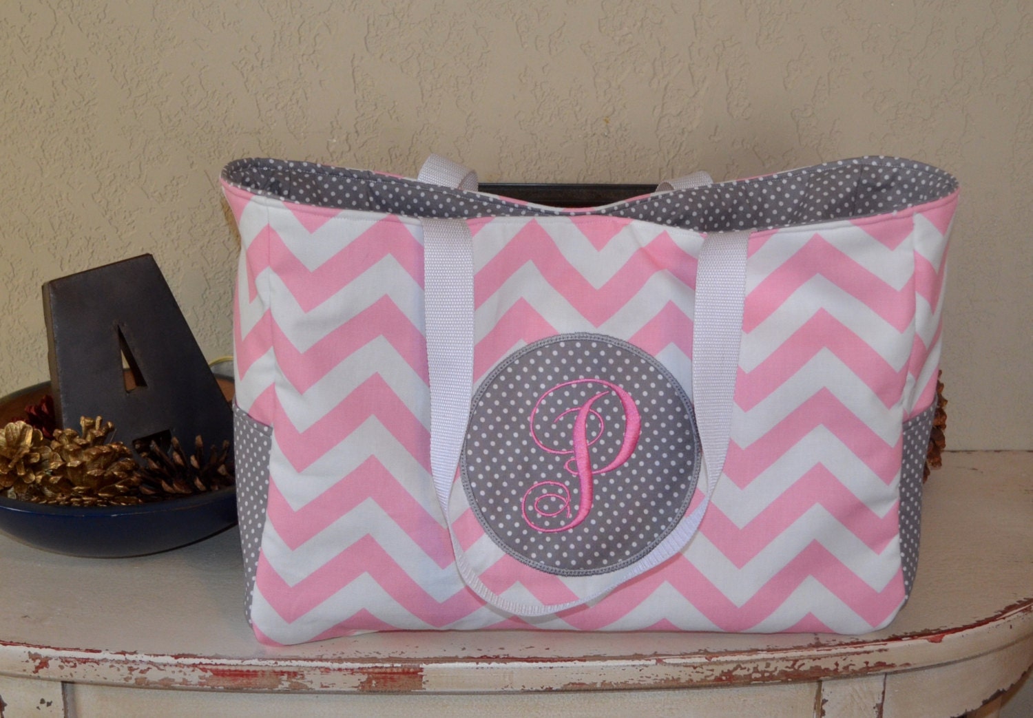 Handmade personalized diaper bag made with pink chevron and