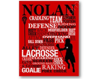 Lacrosse Typography Art Canvas or Print, Boy's Room Art, Choose Any Colors, Personalized Gift for any Lacrosse Player or Goalie