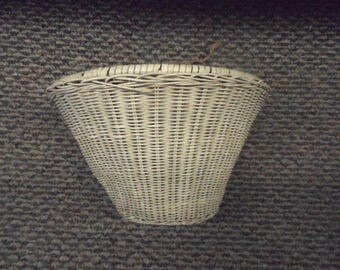 Vintage White Bicycle Basket Wood and Woven Vinyl Rattan Girl's Bike Accessory Flower Display Garden Wall Pocket Planter