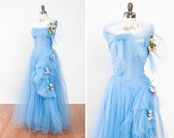Dreamy 1950s Cascading Blue Tulle Formal Prom Party Gown