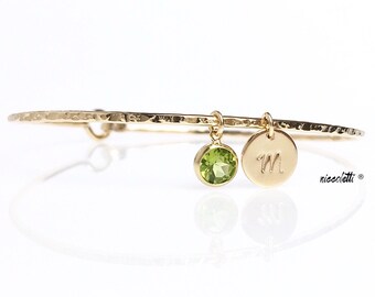 Genuine Peridot Charm Bracelet / Peridot Bangle / August Birthstone / Gemstone Stacking Bangles / Gifts for Her / Mothers Jewelry / 14k Gold