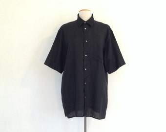 black linen shirt vintage black shirt 90s oversized shirt linen button up linen clothing short sleeve mens