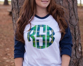 Monogram Baseball Tee - Gift for Mom - Personalized Christmas Pajamas - Monogram Shirt - Monogrammed Raglan - Plaid Christmas Monogram