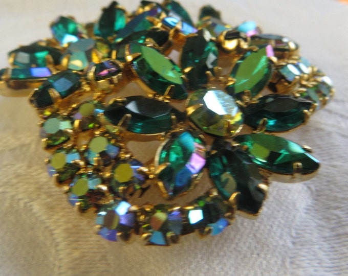 Vintage Rhinestone Flower Brooch, Green Navette and Aurora Borealis Stones, Sparkle Galore!