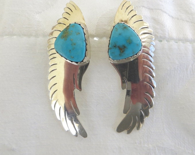 Navajo Sterling Turquoise Earrings, Signed Navajo Artisan Ronnie Hurley, Native American Jewelry, Pierced Earrings