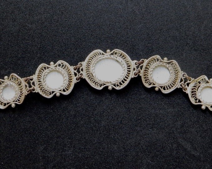 Vintage Silver Cannetille and Porcelain Bracelet, Roses and Leaves, Garden Wedding Bracelet