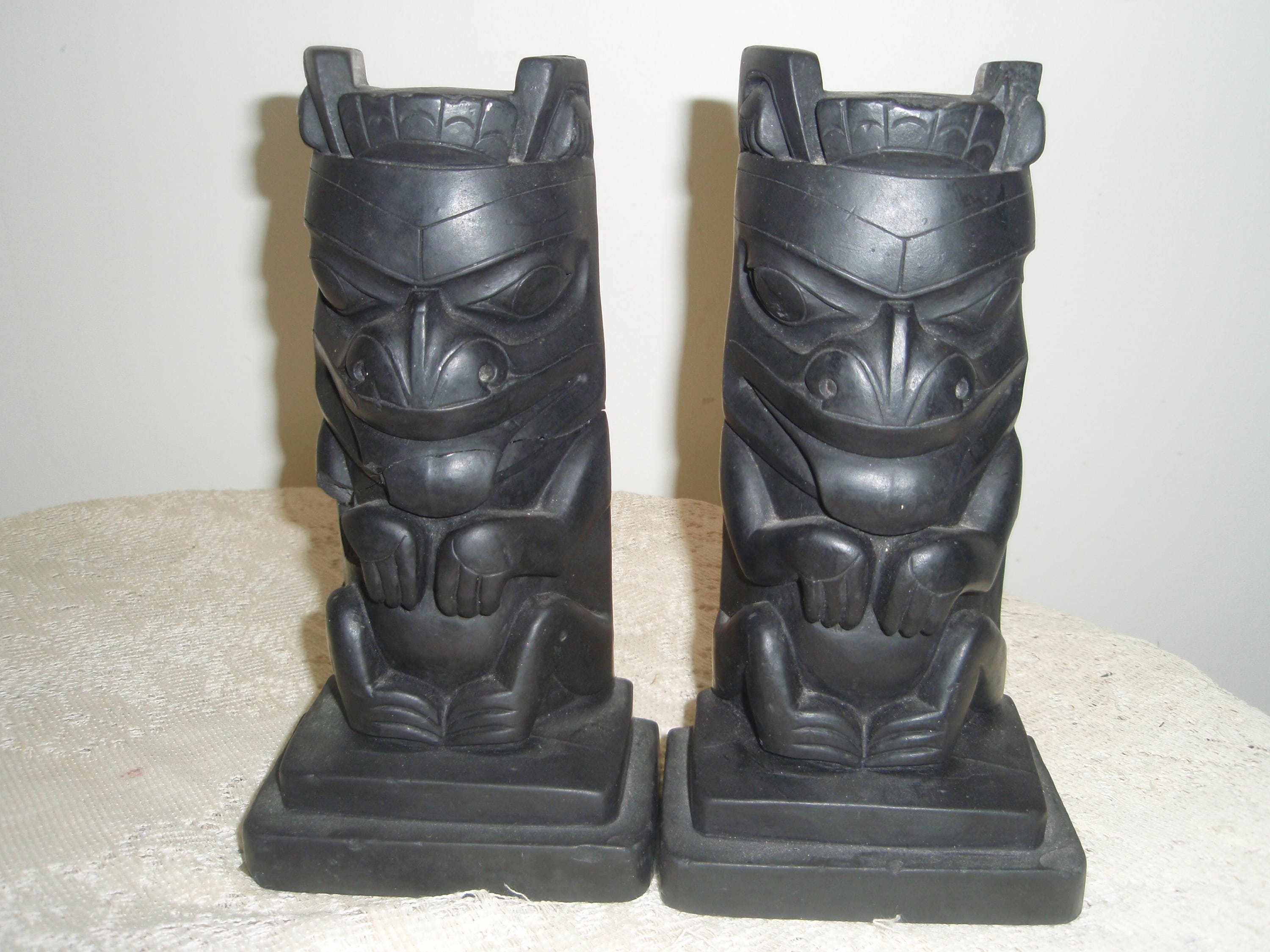 Carved Tiki Bookends Black Volcano Stone Tiki Statues