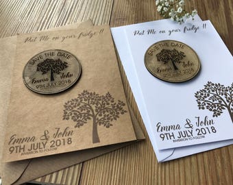 Tree design wooden fridge magnet save the date