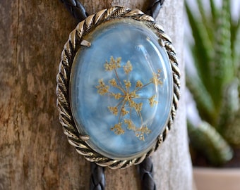 Flower In Resin Blue Pendant Bolo Tie Necklace