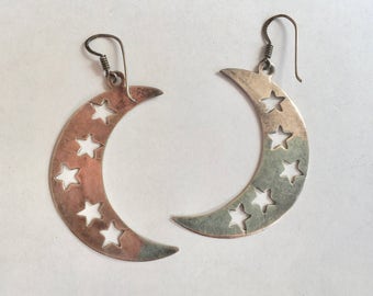 vintage sterling crescent moon with star earrings