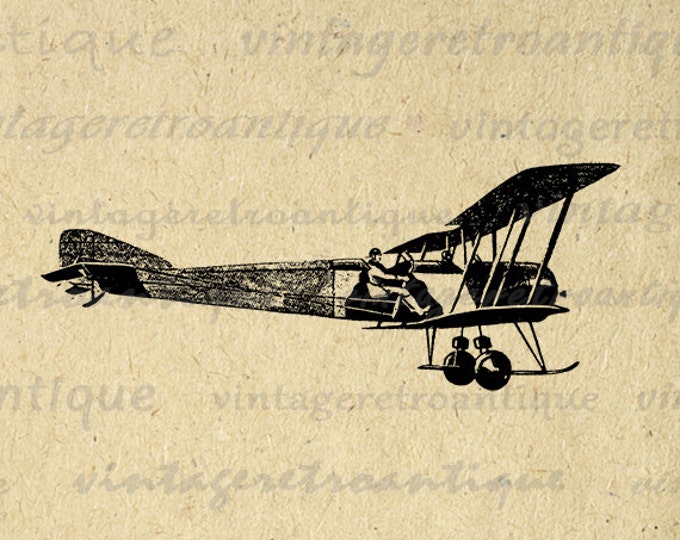 Plane and Pilot Digital Printable Download Antique Airplane Image Graphic Vintage Clip Art Jpg Png Eps HQ 300dpi No.123