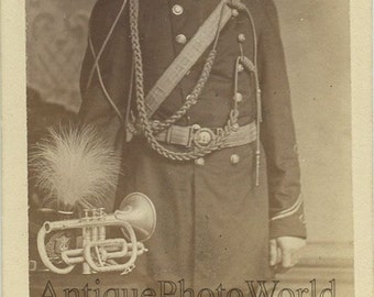 Mustached military man with trumpet antique CDV photo