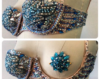 Tear away cup bra,crystal, navy blue, aqua blue,pasties