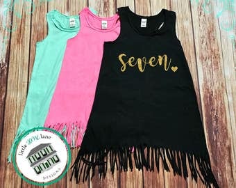 Seven Year Old | Fringe Dress | Fringe Tank | 7th Birthday | Youth | Birthday Dress | Girl Fringe | Glitter | Seventh Birthday | Girl Dress
