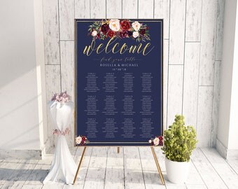 Floral seating chart, elegant seating, floral seating, modern welcome sign, gold seating plan, tableau de mariage, escort board, guest board
