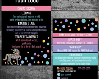 Lularoe Thank you / Care Card, Unicorn marketing, Unicorn Dots Care instruction, return policy White or black, Care cards digital file