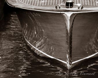 Boat art, Lake house decor, Nautical decor, Wooden boat photography, Sepia print, Chris Craft boat, Coastal decor // Wood & Chrome boat bow
