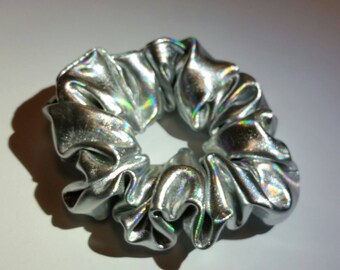 Holographic Metallic PVC UFO Hair Scrunchies Grunge 90s Hologram Kawaii Ties Bun Wraps Iridescent Girl Gang Accessory Silver Nebula Mermaid