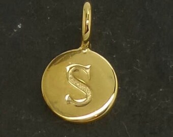 Gold on sterling silver round letter charm S, gold initial S charm, stamped gold letter charm , S gold vermeil initial charm