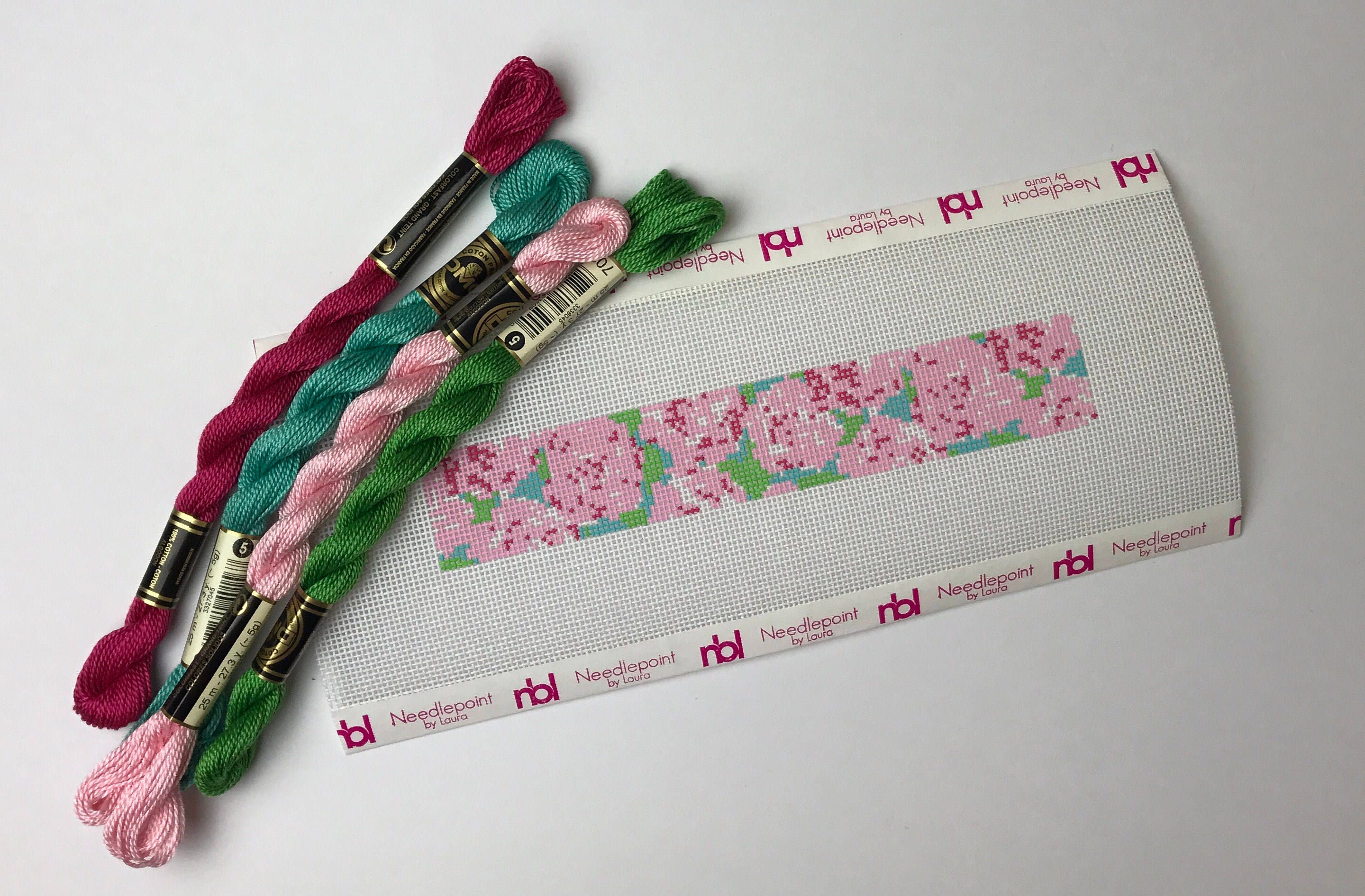 Lilly inspired pink roses needlepoint key fob canvas with
