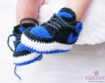 Blue Baby Booties Crochet Baby Shoes Air Jordan Baby Boy Shoes Baby Street Shoes Athletic Shoes Newborn Sneakers Shoes Blue and Black BB103