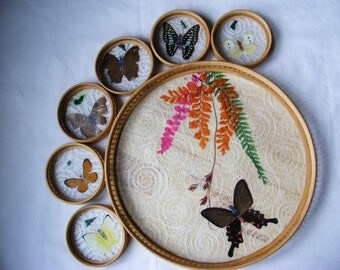Vintage Butterfly Pressed Serving Tray and Drink Coaster Set - 7 pieces