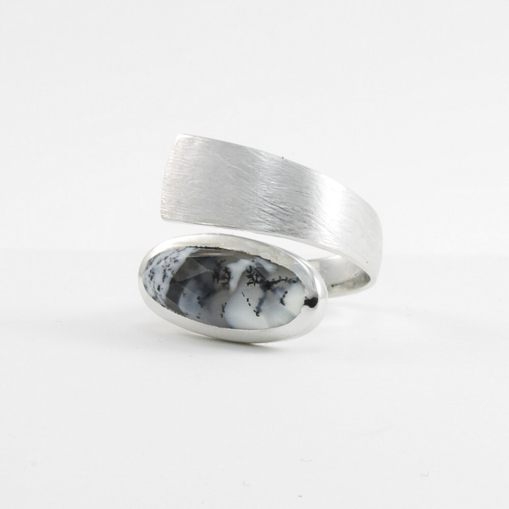 Dendritic agate ring Brushed sterling silver wide band ring