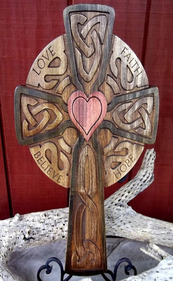 Large Celtic carved wooden cross rusticred heart Love Faith