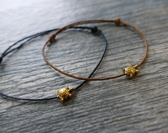 Tiny Turtle Slip Knot Adjustable Bracelet / Tiny Turtle Friendship Bracelet / Black Cotton Bracelet / Brown Cotton Bracelet