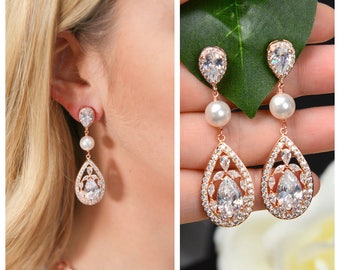 Bridal Earrings,Vintage style Pearl rose gold Crystal wedding earrings Rhinestone rose gold long drop Bridesmaids gift Bridal Earrings