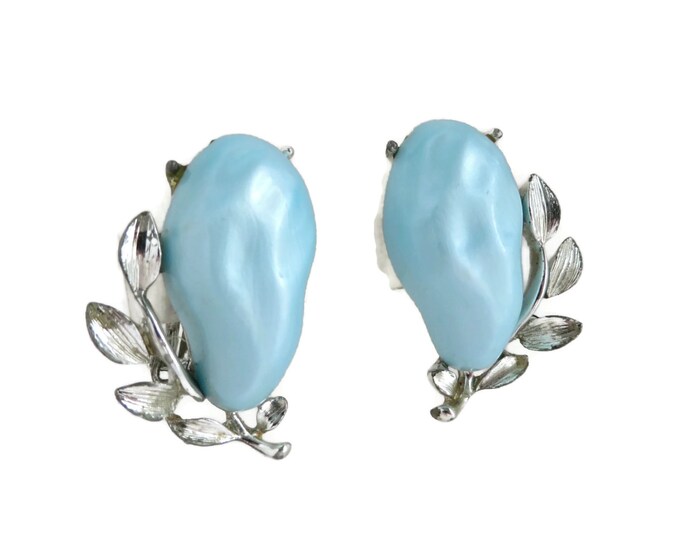 BSK Blue and Silver Tone Leaf Earrings, Vintage Kidney Shape Clip-on Earrings