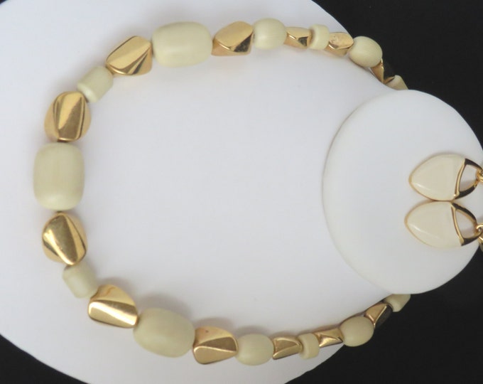 Napier Necklace and Earrings Set, Vintage Cream and Gold Tone Demi Parure