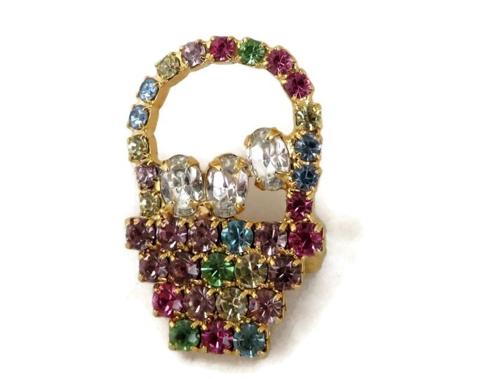 Vintage Rhinestone Fruit Basket Pin, Red, Green, Blue, Purple, Yellow, White Gold Tone Basket Pin