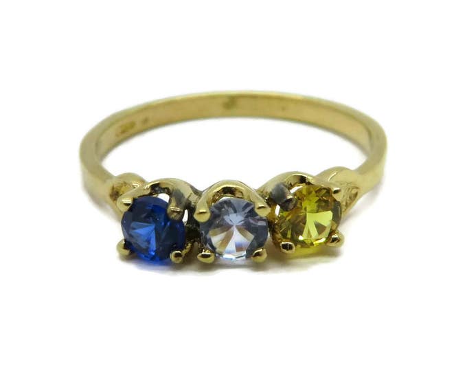 Three Stone Gold Plated Ring, Vintage Blue and Yellow Ring, Faux Topaz, Size 6.5