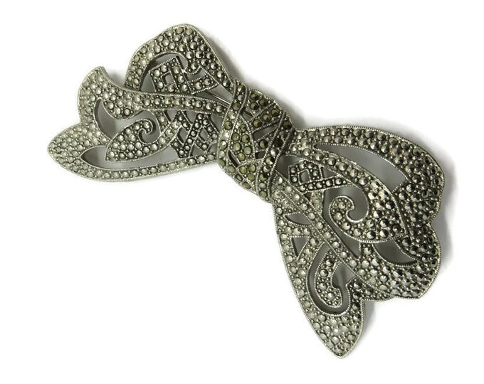 Marcasite Bow Brooch, Vintage Silver Tone Bow Pin, Ribbon Brooch