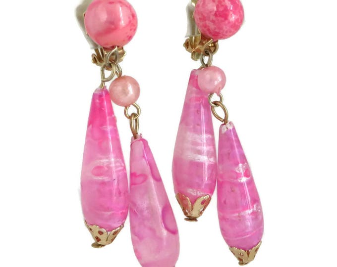 Pink Hong Kong Dangling Earrings, Vintage Teardrop Clip-ons Costume Jewelry Gift Idea