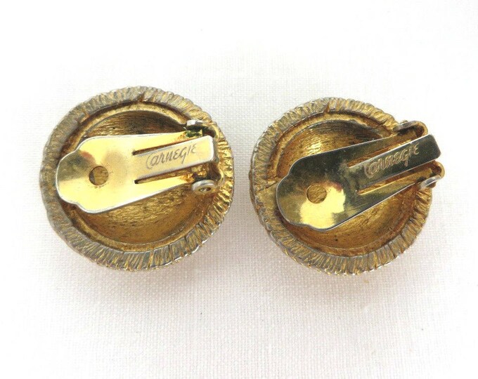 Hattie Carnegie Button Earrings Vintage Gold Tone Textured Clip-ons, Round Braided Signed Designer Earrings