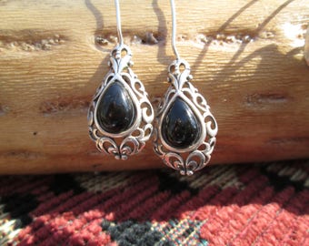 Vintage Ornate Black Onyx and Sterling Dangle Earrings