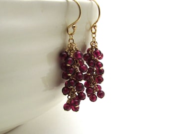 Garnet cluster earrings, January birthstone, burgundy garnet earrings, gold filled bohemian jewelry, garnet jewelry, red gemstone earrings